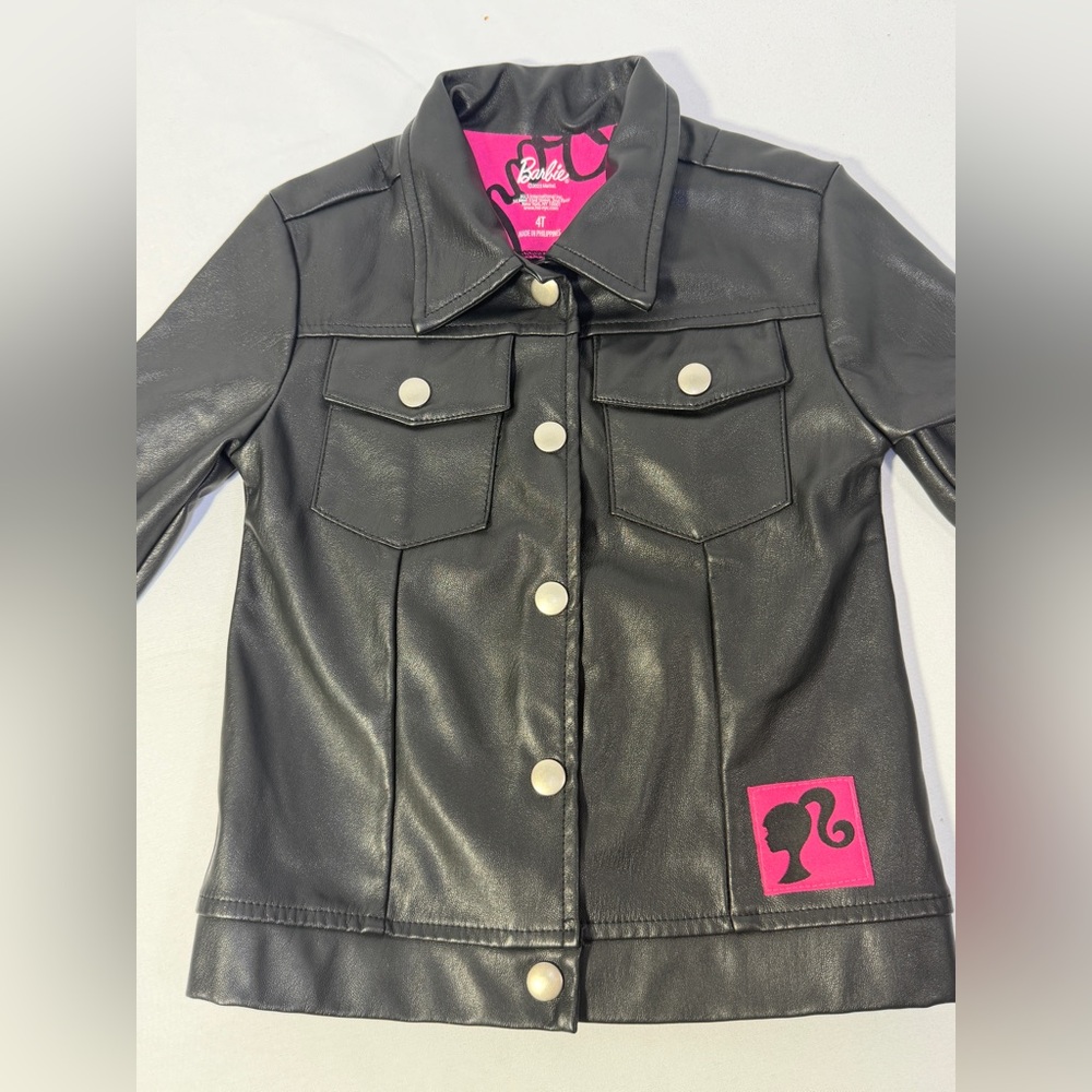 Barbie Girls Faux Leather Jacket Black Pink Logo Moto Biker Coat Size 4T - Picture 3 of 13